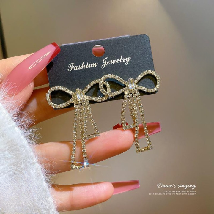 PQT-985 Touch Of Glamour To Your Look With These Bow Shape Zircon Korean Earrings Color Golden - Image 5