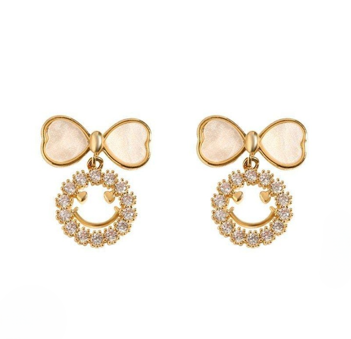 PXT-988 Smiley Face Zircon Korean Earrings Elegant Bow & Crystal Circle Design - Available In Goden And Silver Color - Image 3