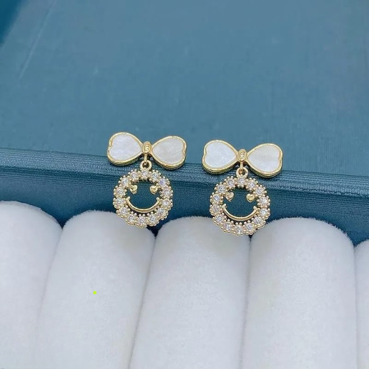 PXT-988 Smiley Face Zircon Korean Earrings Elegant Bow & Crystal Circle Design - Available In Goden And Silver Color - Image 2