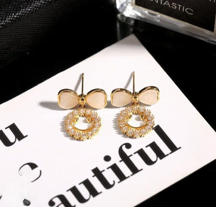 PXT-988 Smiley Face Zircon Korean Earrings Elegant Bow & Crystal Circle Design - Available In Goden And Silver Color - Image 5