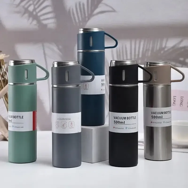 500ml Stainless Steel Vacuum Flask Water Bottle with 2 Extra Cups (160ml) Thermal Bottle for Hot & Cold Drinks 3-Piece Travel Thermos Set - Image 3
