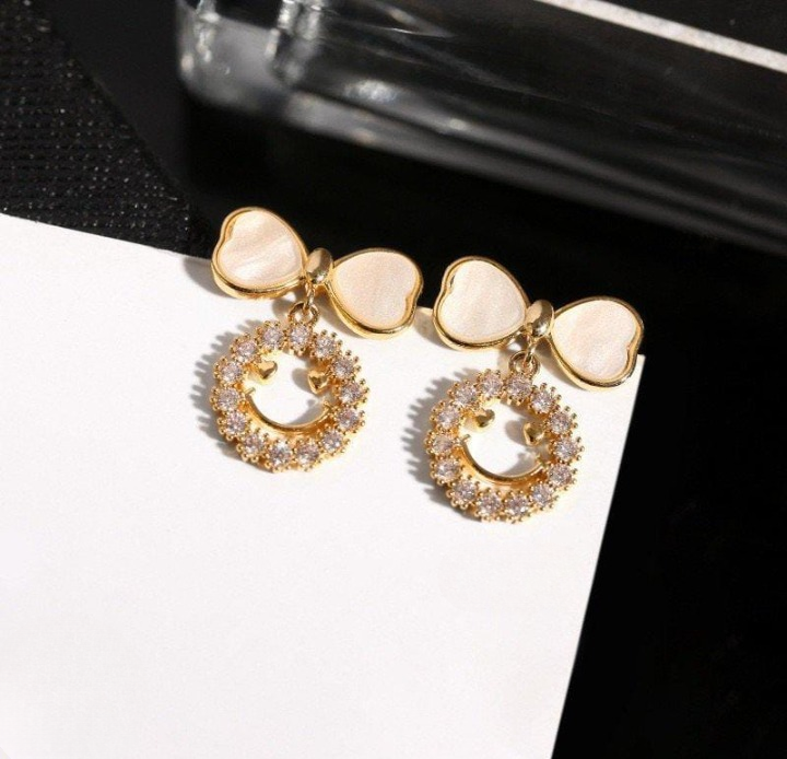 PXT-988 Smiley Face Zircon Korean Earrings Elegant Bow & Crystal Circle Design - Available In Goden And Silver Color - Image 4