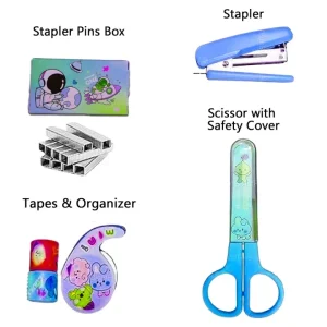 Space-Themed Stationery Set for Students and Office Use 6-Piece Desk Organizer Kit with Stapler, Staple Pins, Scissors, Mini Washi Tapes, and Tape Dispenser Creative Back-to-School and Gift Set (Random Color)