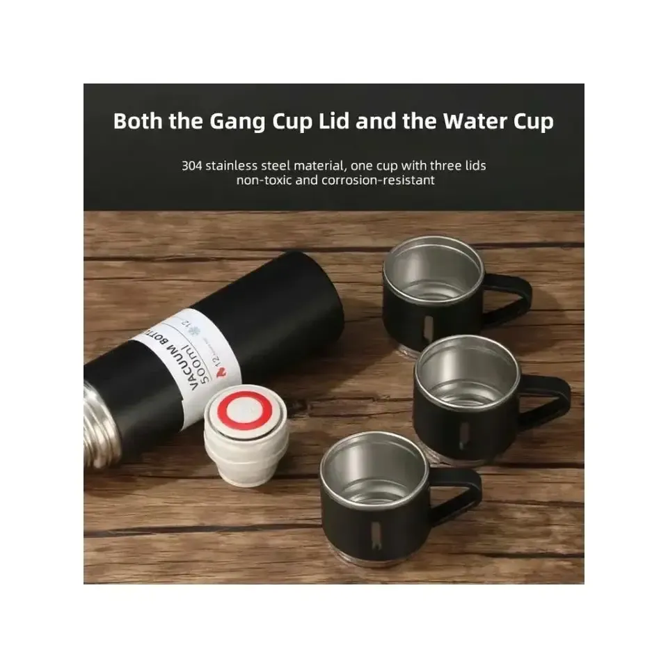 500ml Stainless Steel Vacuum Flask Water Bottle with 2 Extra Cups (160ml) Thermal Bottle for Hot & Cold Drinks 3-Piece Travel Thermos Set - Image 4