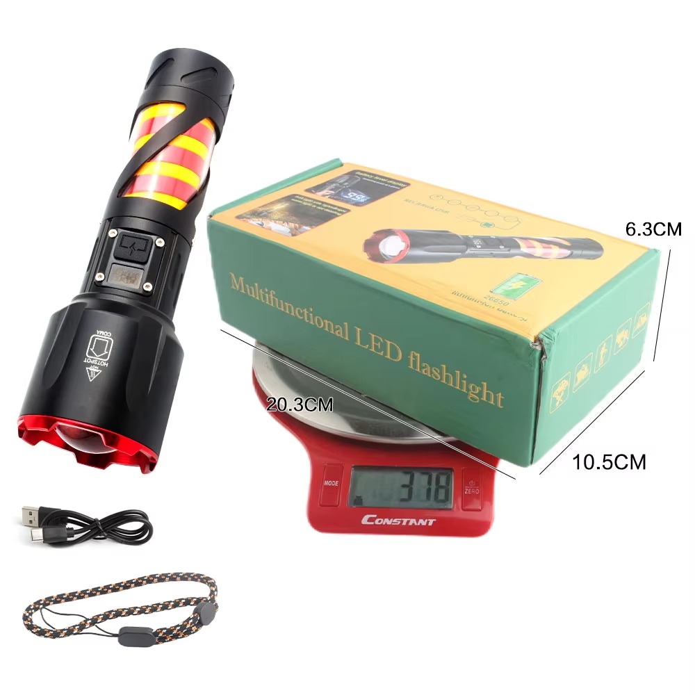 Long Range LED Rechargeable Flashlight 26650 Battery, Power Bank Function, Battery Level Display, Zoom - Image 3