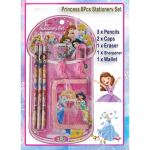 8 Pcs Disney Stationery Gift Set for Kids Includes Pencils, Eraser, Sharpener, Pencil Caps & Wallet (Random Character)