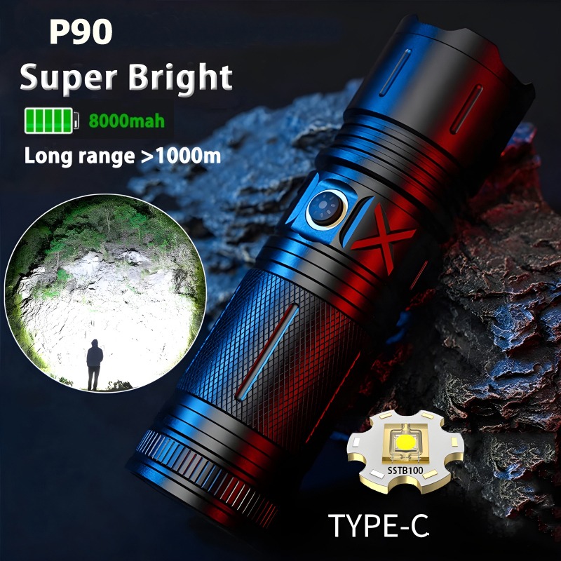 Ruilang P90 High Power Rechargeable LED Flashlight Ultra Bright Torch with Zoom, Multiple Modes & Type-C Fast Charging