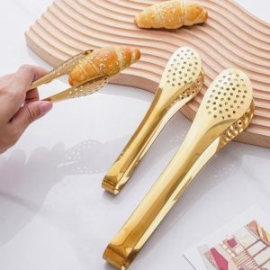 Mini Stainless Steel Food Serving Tong 6 Inch Strainer Tong with 28-Hole Flat Head for Salad, Ice Cubes, Pastries, Frying & Tea