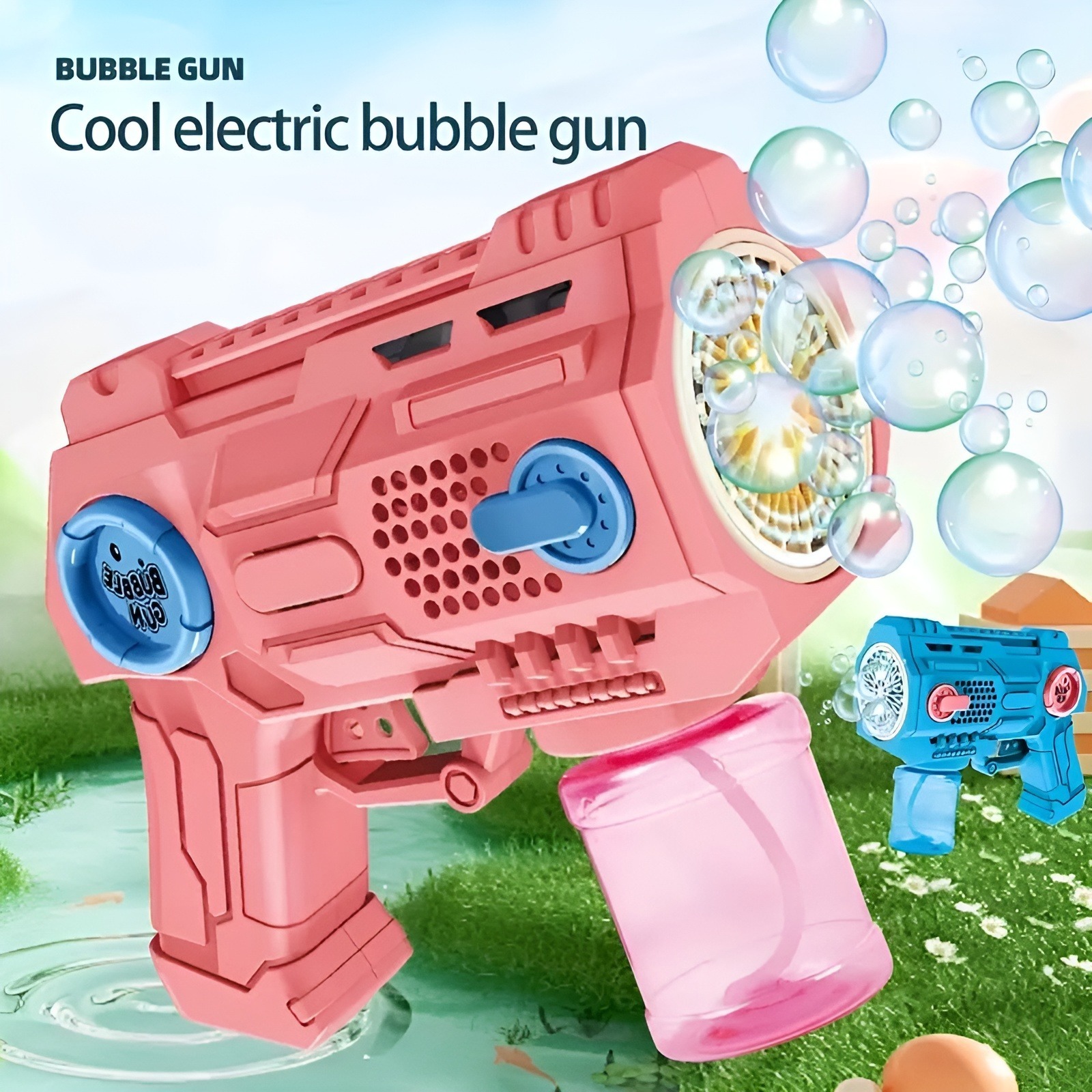 Childrens Handheld Porous Electric Bubble Gun with Lights & Music Automatic Mess-Free Bubble Blower with Bottle Fix System for Indoor/Outdoor Play, Pool Parties, Birthdays & Special Events (Random Color)