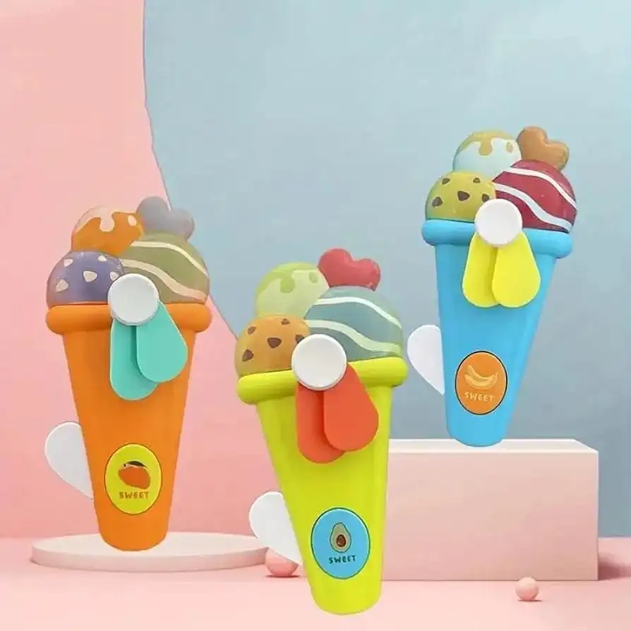 Handheld Ice Cream Cone Toy Fan for Kids Cute Cartoon Design, Safe Soft Blades, Portable Mini Fan for Summer Play & Cooling (Random Color)