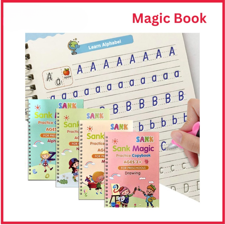 Set of 4 Sank Magic Learning Book with Magic Pen & 5 refills, Practice book For Montessori children Tracing Handwriting - Image 2