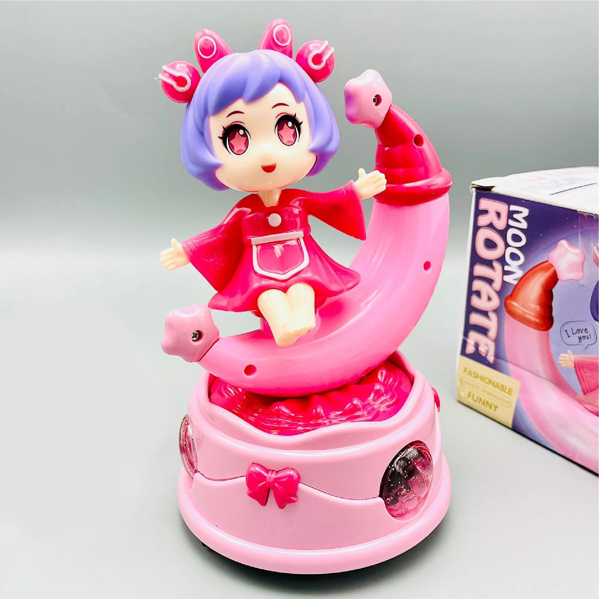 Rotating Moon Doll Toy With LED Lights & Music Adorable Crescent Moon Design, Universal Rotation, Safe for Kids 3+, Pink & Purple Gift for Fun and Sensory Play (Random Color) - Image 5