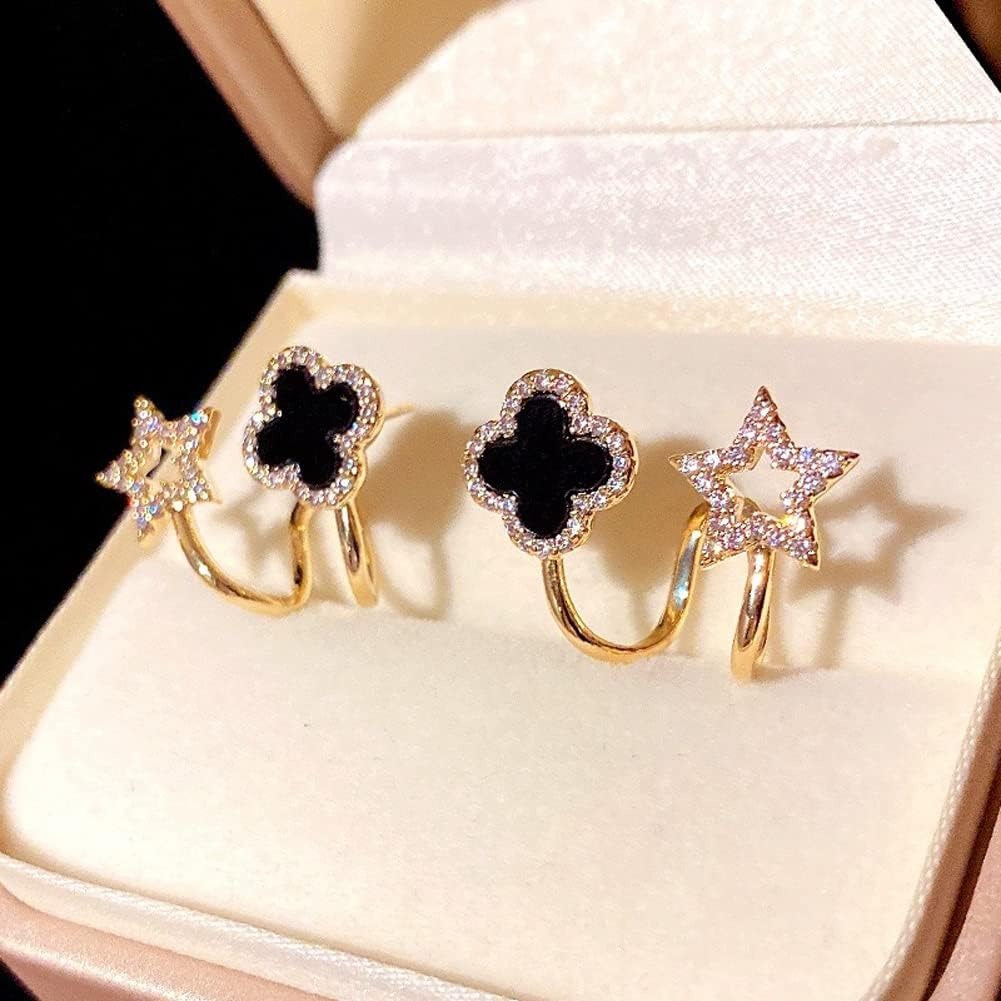 Sparkling Clover Star Earrings Gold Plated Fashion Jewelry with Black Enamel & Crystal Detailing ( PXJ-107) - Image 2