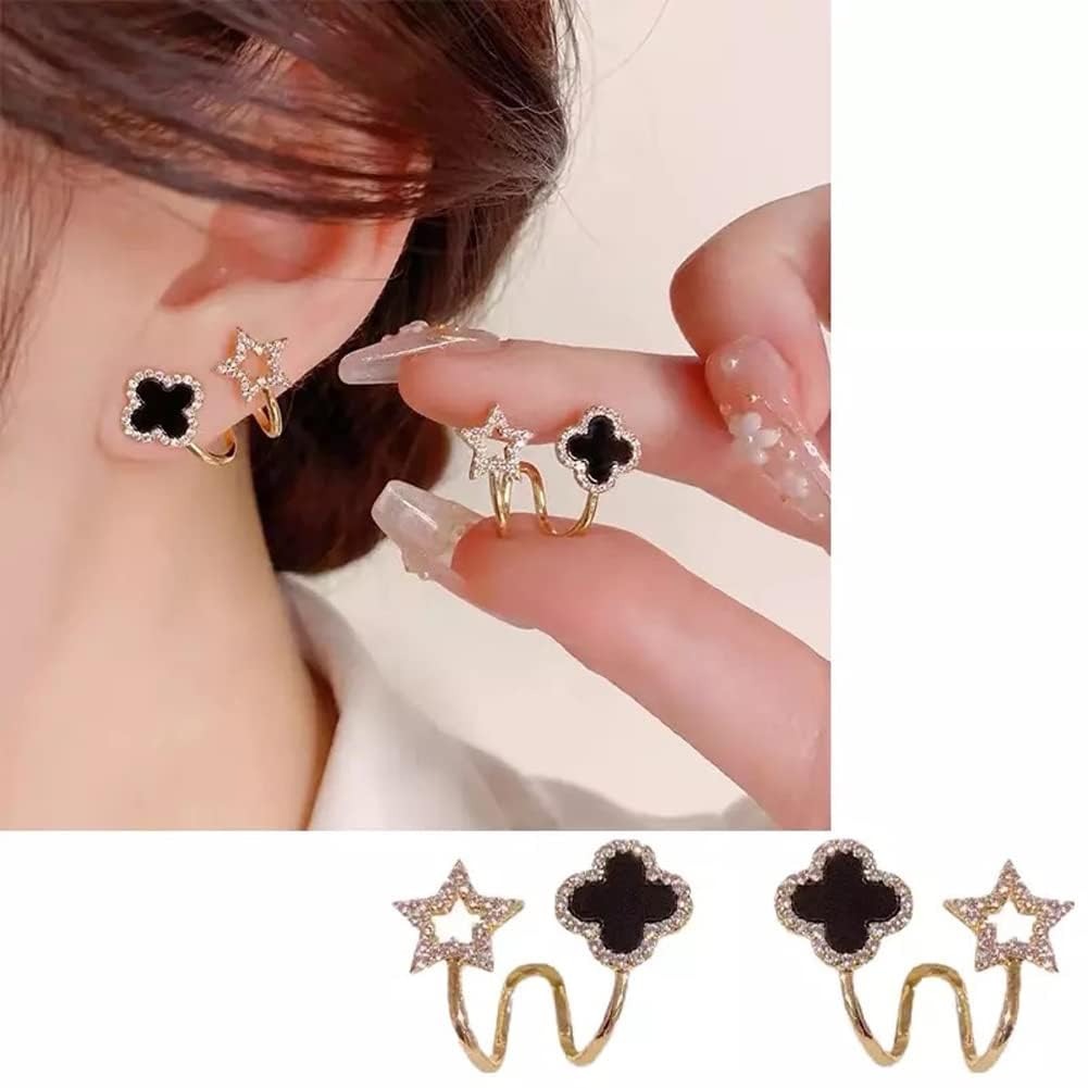 Sparkling Clover Star Earrings Gold Plated Fashion Jewelry with Black Enamel & Crystal Detailing ( PXJ-107) - Image 4