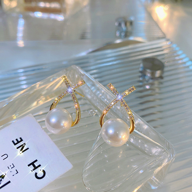 Elegant Golden Cross Pearl Zircon Earings Pearl Stud Earrings Women Personality Fashion Unique Design Earrings | Earrings for Women Fashion | Luxury Look Artificial Earrings | Women Earrings - Image 3