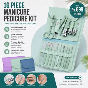 16-Piece Manicure & Pedicure Kit | Premium Stainless Steel Nail Care Set for Hand, Foot & Facial Grooming | Travel-Friendly Case Included | 16 Pcs Nail Care Set | Beauty Essentials Set ( Random Color )