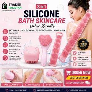 3-in-1 Silicone Bath & Skincare Value Bundle – Shower Brush, Back Scrubber & Face Cleansing Brush Set for Deep Cleaning & Exfoliation