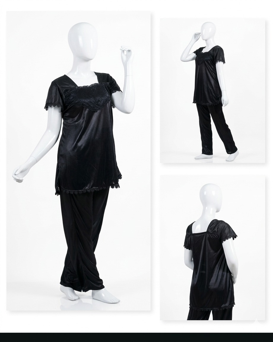 2 Pcs Premium Silk Lace Women's Sleepwear Set T-Shirt & Trouser Nightwear (Free Size) - Image 2