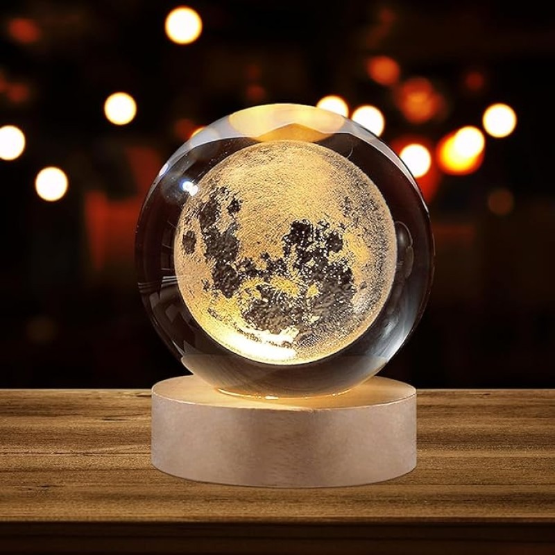 3D Galaxy Crystal Ball Lamp with Wooden LED Base Decorative Night Light (Only Moon Shape) - Image 4