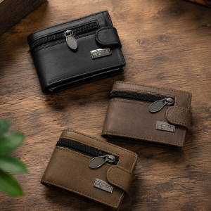 Premium Mens Mini Leather Wallet With Zipper & Button | 8 Card Slots | Dollar Size | With Box