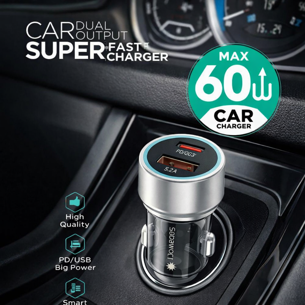 Sabawoon S134 60W Original Car Charger Adapter PD + USB Dual Port Fast Charging for All Mobile Phones - Image 2