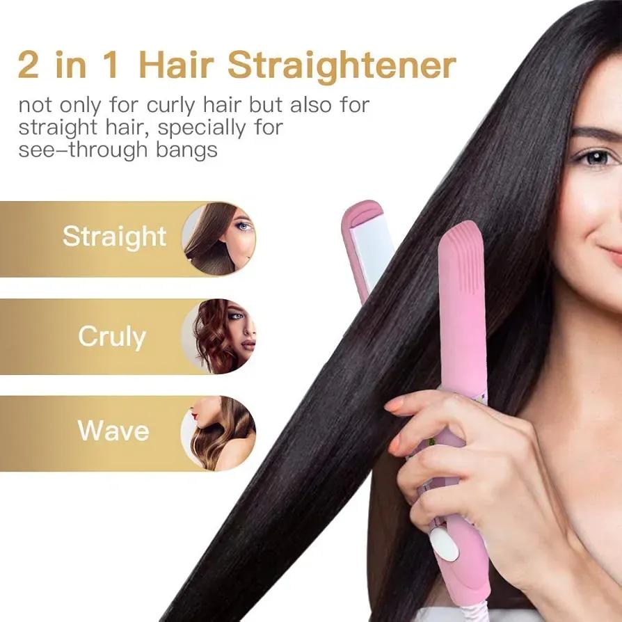 2-in-1 Mini Hair Straightener & Curler Portable Thermostatic Ceramic Flat Iron for Dry & Wet Hair Styling - Random Color - Image 3
