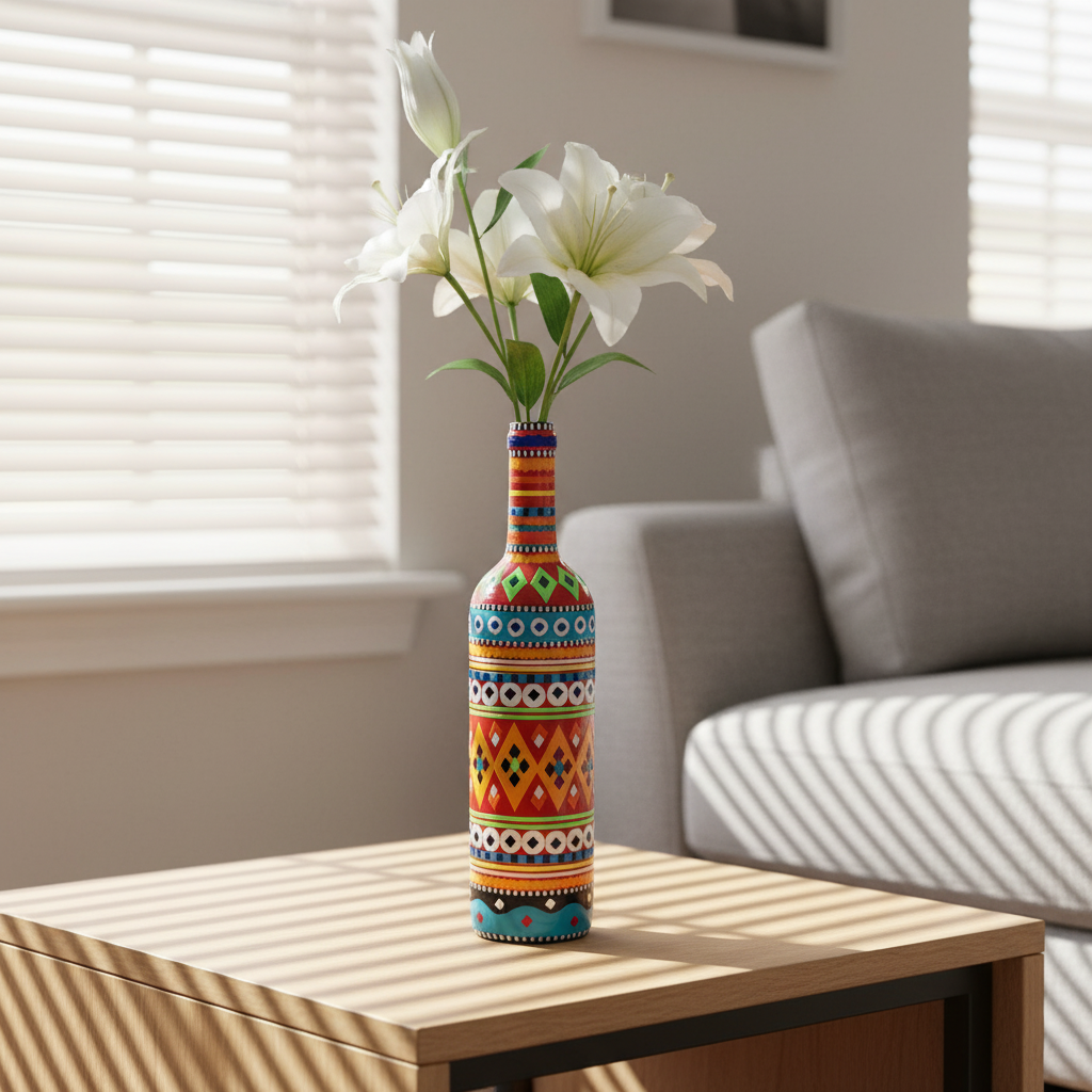 Traditional Truck Art Decorative Glass Bottle Vase Handcrafted Multicolor Home Decor (750ml)