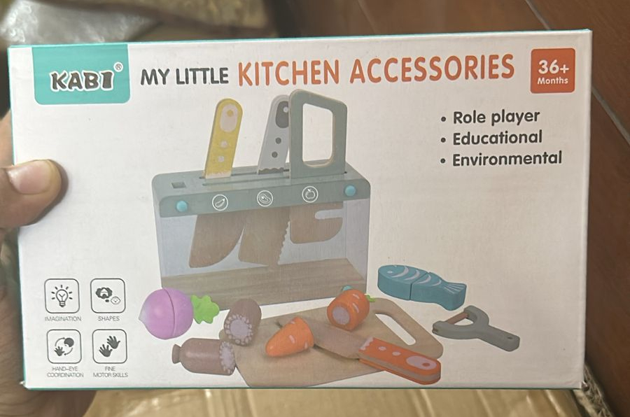Wooden Kids Play Kitchen Set with Toy Utensils & Velcro Food Montessori Pretend Cooking Playset - Image 4