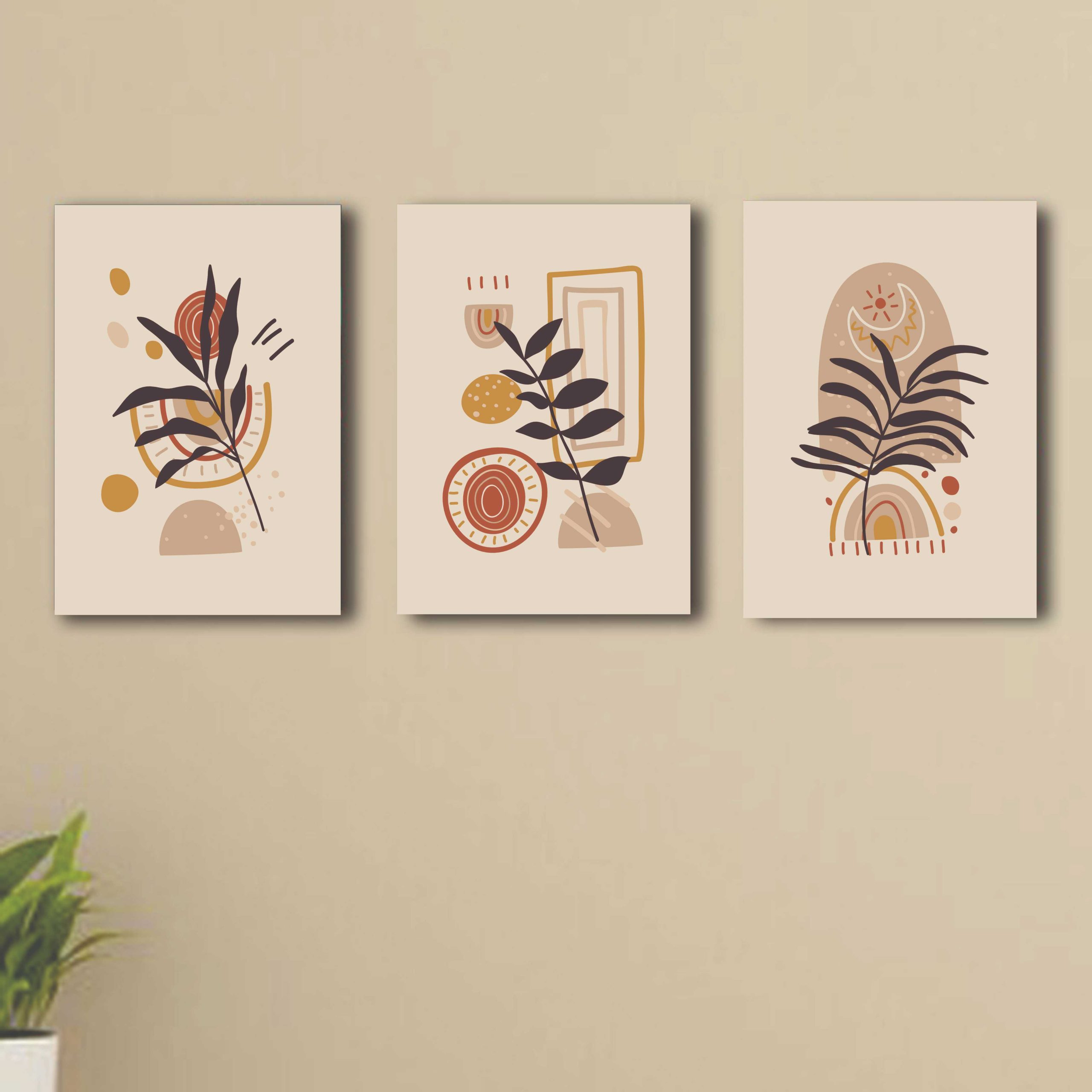 Set of 3 wooden canvas sticky frames , Sticky phototiles, boho art, boho wall art frames, botanical boho art frame, boho design