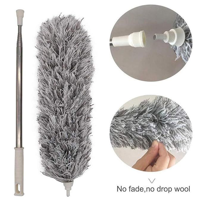Microfiber Gray Fan Duster Extendable Stainless Steel Long Pole & Bendable Washable Cleaning Brush - Image 3