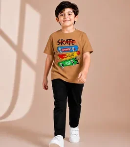 Kids Printed Track Suit Brown T-Shirt + Black Trousers | Soft Cotton 2-Piece Outfit for Boys & Girls (1–12 Yea)