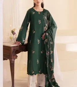 Premium Green Embroidered Lawn 3 Piece Suit for Women