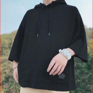 Men Black Loose Fit Hoodie T-Shirt 3/4 Sleeve Summer Korean Style Plus Size