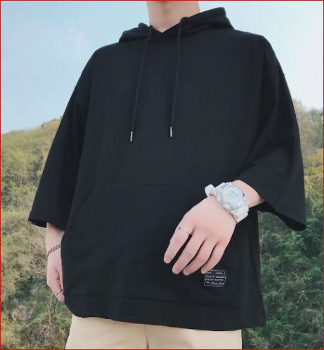 Men Black Loose Fit Hoodie T-Shirt 3/4 Sleeve Summer Korean Style Plus Size