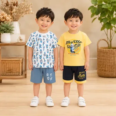 Kids 2-Pair T-Shirt & Shorts Set for Boys | Soft Cotton Summer Outfit Pack - Image 2