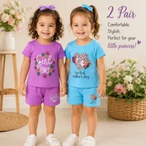 2 Pair Printed Girl's Cotton Shorts & Shirt Set | Soft & Breathable Multicolor Kids Summer Night Suit & Loungewear