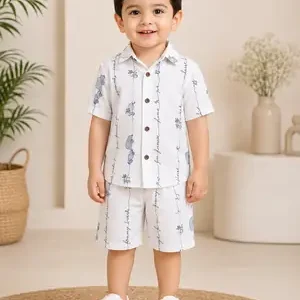 2 Pcs Boys Cotton Lawn Printed Shirt & Shorts Set | Stylish Summer Casual Outfit for Kids | Comfortable Breathable Boys Matching Set