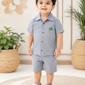 2 Pcs Boys Cotton Lawn Printed Shirt & Shorts Set | Stylish Summer Casual Outfit for Kids | Comfortable Breathable Matching Co-Ord Set