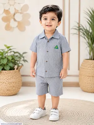 2 Pcs Boys Cotton Lawn Printed Shirt & Shorts Set | Stylish Summer Casual Outfit for Kids | Comfortable Breathable Matching Co-Ord Set
