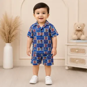2 Pcs Boys Cotton Lawn Printed Shirt & Shorts Set | Stylish Summer Casual Outfit for Kids | Comfortable Matching Co-Ord Set