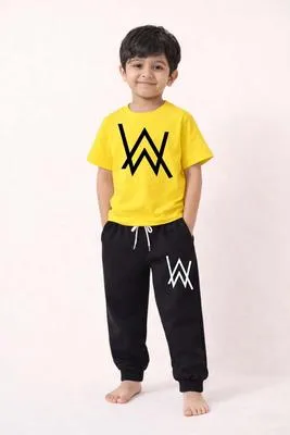 Kids Printed Tracksuit Yellow Black 2-Piece Set | Boys Casual Sweatshirt & Trouser Outfit