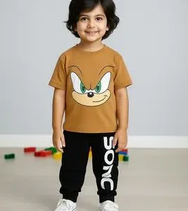 Kids Sonic Printed 2-Piece Tracksuit Brown Polyester | Boys Casual Outfit