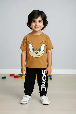 Kids Sonic Printed 2-Piece Tracksuit Brown Polyester | Boys Casual Outfit