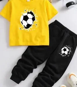 Kids Soccer Print Tracksuit Yellow Black 1-12 Years | 2-Piece Sports Outfit