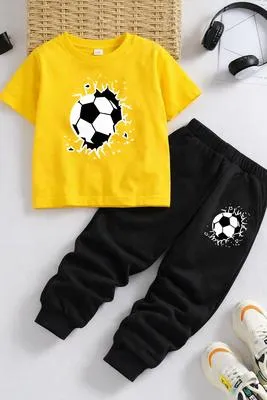 Kids Soccer Print Tracksuit Yellow Black 1-12 Years | 2-Piece Sports Outfit