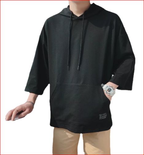 Men Black Loose Fit Hoodie T-Shirt 3/4 Sleeve Summer Korean Style Plus Size - Image 4