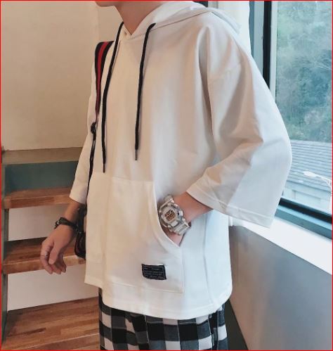 Men Black Loose Fit Hoodie T-Shirt 3/4 Sleeve Summer Korean Style Plus Size - Image 2