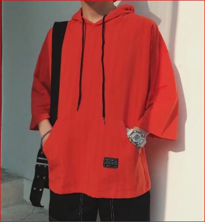 Men Black Loose Fit Hoodie T-Shirt 3/4 Sleeve Summer Korean Style Plus Size - Image 3
