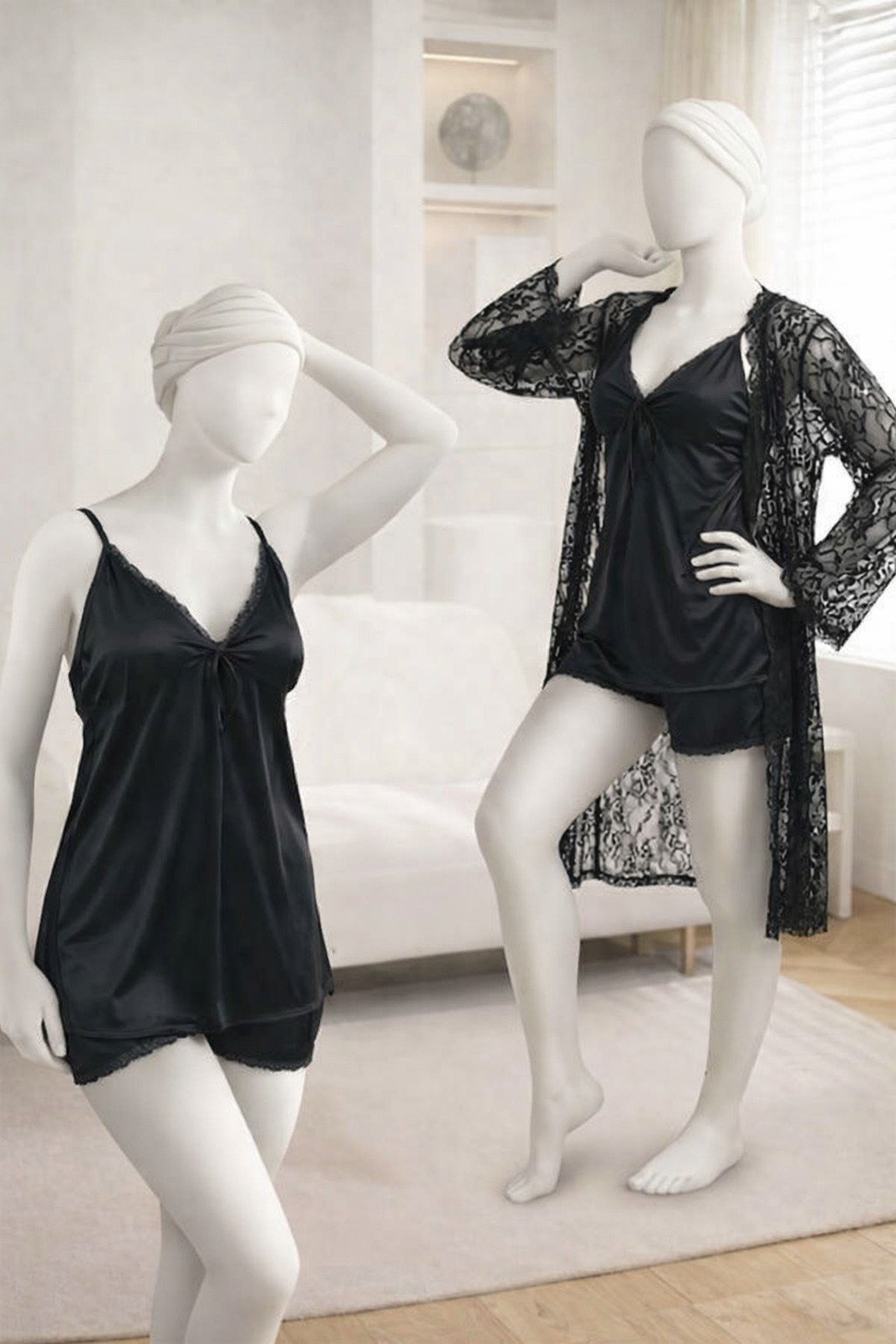 3-Piece Women's Sleepwear Set Camisole, Shorts & Lace Gown Soft Satin Nightwear Free Size - Image 3