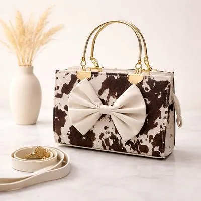 Women's White Cowprint Leather Handbag with Top Handle 8x11 Inch | Stylish Mini Shoulder Bag for Daily Use & Casual Outings - Image 2